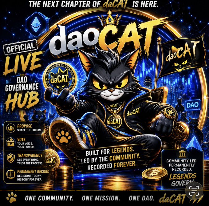 A promotional graphic for 'daoCAT' featuring a cat character in leather gear surrounded by gold coins, with text including 'THE NEXT CHAPTER OF daoCAT IS HERE' and 'DAO GOVERNANCE HUB'.