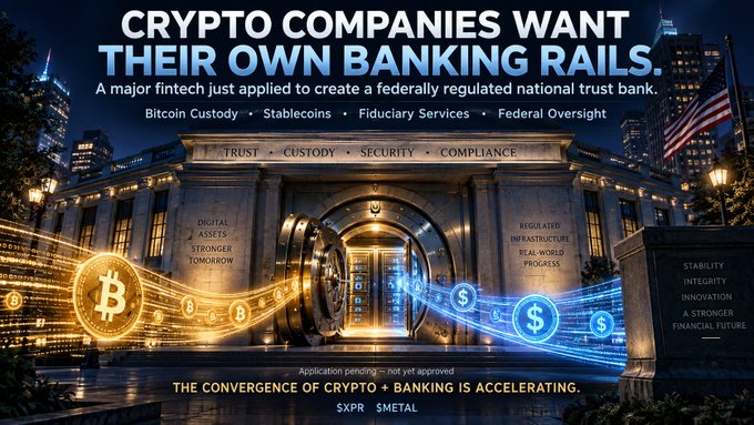 A promotional graphic titled 'CRYPTO COMPANIES WANT THEIR OWN BANKING RAILS' featuring a neoclassical bank building overlaid with Bitcoin and dollar symbols, mentioning 'Bitcoin Custody', 'Stablecoins', and the convergence of crypto and banking by $XPR and $METAL.