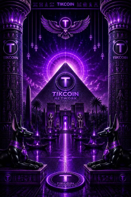 A majestic purple-hued digital artwork featuring an ancient Egyptian-style pyramid temple flanked by towering hieroglyphic pillars and Anubis statues, emblazoned with "TIKCOIN" branding and a winged "T" emblem to convey the grandeur of TikWallet's August 20th launch. The mystical scene mirrors the post's tone of an imminent, monumental milestone for the Tikcoin ecosystem.