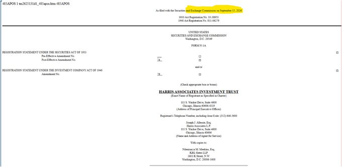 Cover page of a Form N-1A registration statement filed with the United States Securities and Exchange Commission for the Harris Associates Investment Trust, an open-end management investment company. The document, dated September 2026, is filed by Harris Associates L.P., located at 111 S. Wacker Drive, Suite 4600, Chicago, Illinois 60606-4319.