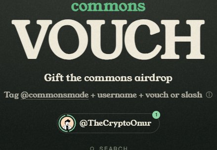 Social media graphic for 'commons' offering a VOUCH airdrop, tagging @commonsmade and @TheCryptoOmur.