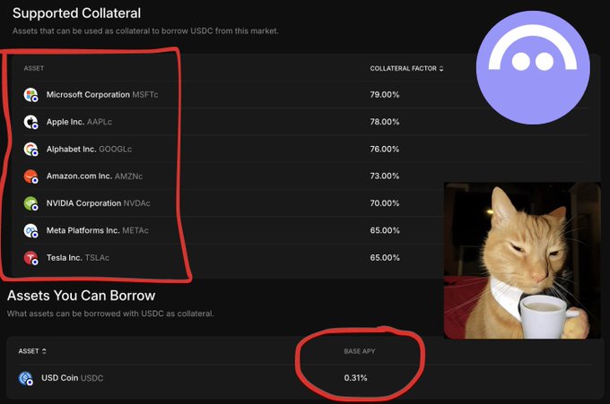 A screenshot of a crypto lending platform showing 'Supported Collateral' stocks like Microsoft (MSFTc) 79.00%, Apple (AAPLc) 78.00%, Alphabet (GOOGLc) 76.00%, Amazon (AMZNc) 73.00%, NVIDIA (NVDAc) 70.00%, Meta (METAc) 65.00%, and Tesla (TSLAc) 65.00%, with an APY of 0.31% circled in red, alongside a meme of a cat drinking from a cup.