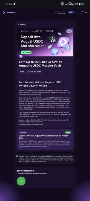 A completed mobile task screen on Jumper shows a "Deposit into August USDC Morpho Vault" campaign, offering up to 20% Bonus APY, an $18,000 $MON reward pool, and 10 Jumper XP for $100+ deposits, with a green checkmark confirming the task is completed.