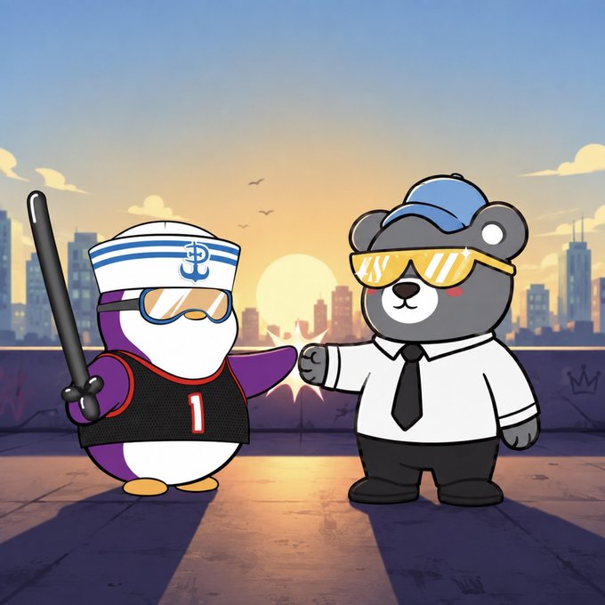 A cartoon illustration showing a sailor-style penguin character fist-bumping a bear character wearing a tie and yellow sunglasses, set against a city sunset backdrop.