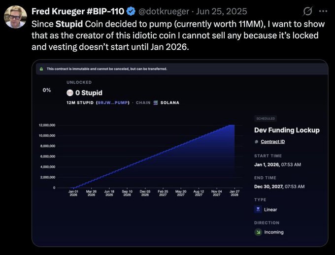 A tweet from Fred Krueger #BIP-110 (@dotkrueger) dated Jun 25, 2025, stating that despite Stupid Coin pumping to 11MM, the creator cannot sell because tokens are locked with vesting starting Jan 2026, accompanied by a linear dev funding lockup chart for 12M STUPID (BRJW...PUMP) on Solana.