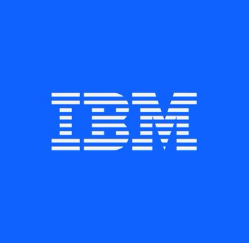 The IBM logo in white striped letters on a blue square background.