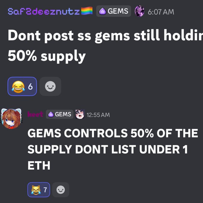 A Discord chat shows two users discussing "GEMS" token supply control, with one saying "Dont post ss gems still holding 50% supply" at 6:07 AM and another replying "GEMS CONTROLS 50% OF THE SUPPLY DONT LIST UNDER 1 ETH" at 12:55 AM. The conversation supports the post's narrative by providing "receipts" that the GEMS team controls a large portion of supply and shouldn't list under 1 ETH.