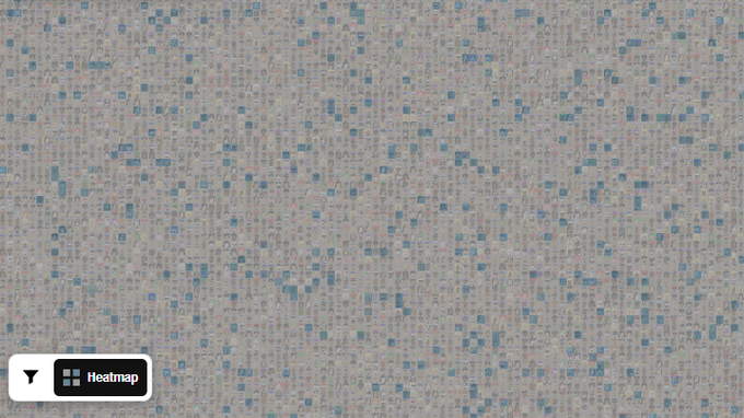 A heatmap visualization showing thousands of small squares in shades of blue, red, and green, with a control panel in the bottom left corner featuring a 'Y' icon and 'Heatmap' text.