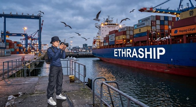 A photographer stands at a dock capturing a large container ship prominently labeled "ETHRASHIP" as seagulls circle overhead at the busy port. The image visually reinforces the SeaVerity protocol concept by showing the act of observing and documenting vessels on the water — the very foundation of community-based maritime verification.