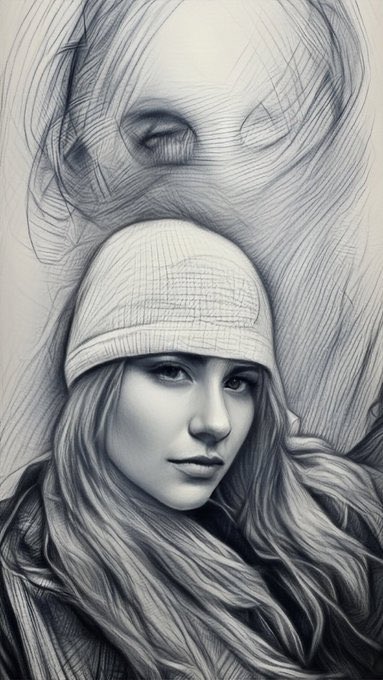 A detailed black and white sketch shows a young woman wearing a beanie, with an abstract, swirling, ghostly face rendered above her head.