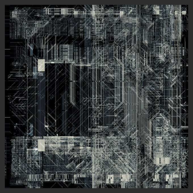 A complex, abstract digital image resembling a dense architectural blueprint or circuit board, composed of overlapping white and gray lines and shapes on a dark background.