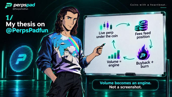 An illustrated character in a colorful sweatshirt points to a whiteboard showing PerpsPad's economic flywheel diagram, with arrows connecting "Live perp under the coin" → "Fees feed position" → "Buyback + burn" → "Volume = engine," illustrating the post's thesis that trading volume—not static screenshots—drives value.