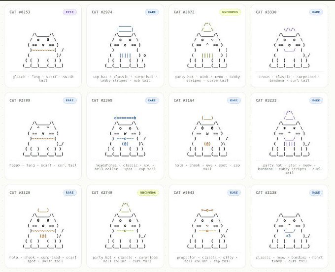 A grid of 12 ASCII art cat designs labeled 'CAT #' with rarity tags like 'EPIC', 'RARE', and 'UNCOMMON', each featuring trait descriptions such as 'glitch', 'wiskers', 'bell collar', and 'top hat'.