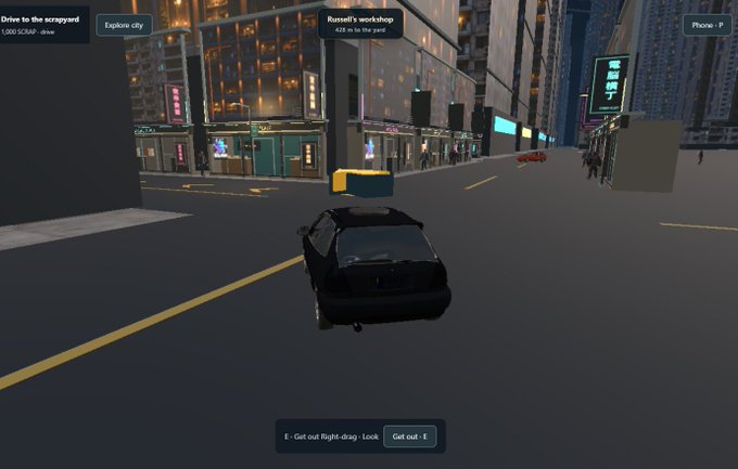A screenshot from a driving simulator video game showing a black car on a city street with HUD elements reading 'Drive to the scrapyard,' 'Explore city,' 'Russell's workshop 420 m to the pass,' 'Phone: $', and key bindings 'E - Get out Right <drag> - Look | Get out - E'.