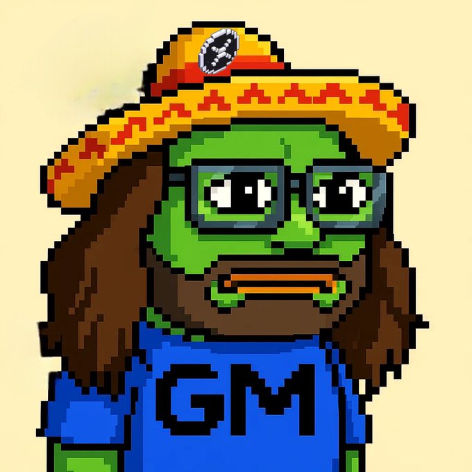 A pixel art character with green skin, glasses, long brown hair, a mustache, and a yellow sombrero, wearing a blue shirt with 'GM' written on it.