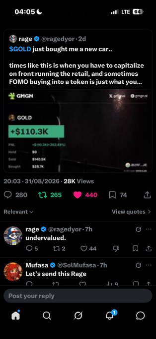 A screenshot of a post by verified user “rage” (@ragedyor) about $GOLD, showing a green gain of about $110.3K and engagement figures of 280 replies, 265 reposts, and 440 likes. The accompanying message appears unrelated or garbled, while comments mention “Rage” and “undervalued.”