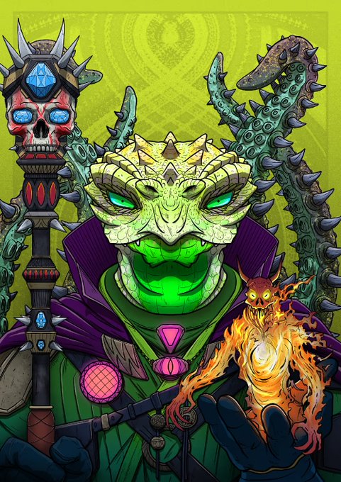 A vibrant illustration of a reptilian humanoid character in a purple and green outfit with glowing green eyes, holding a flame in one hand and a staff topped with a skull and blue gem in the other, against a bright yellow-green background.