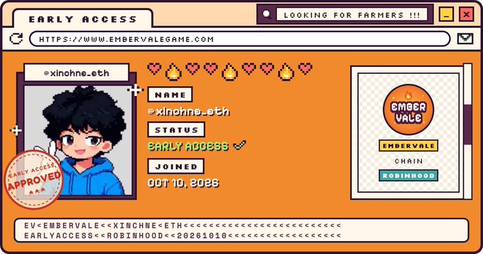 A pixel-art style early access pass for the game Ember Vale, showing an avatar named "@xinnne.eth," with "EARLY ACCESS APPROVED" status, joined "OCT 10, 2025," and the URL "HTTPS://WWW.EMBERVALEGAME.COM."