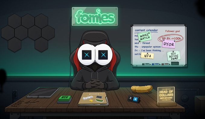 An illustrated avatar of a character in a black hoodie wearing a gaming headset with X-eyes sits at a desk in front of a neon 'fomies' sign and a whiteboard showing a content calendar with notes including '89 8k→100k', 'NFA', and 'SELL BEFORE DUMP'.