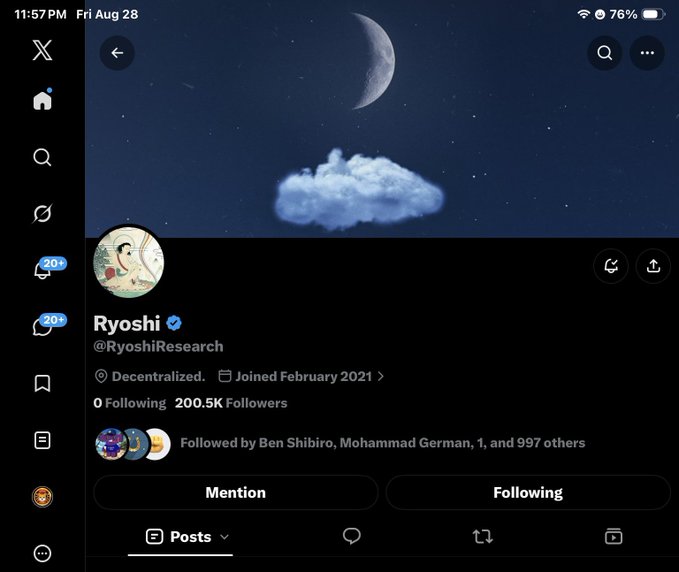 A Twitter/X profile page for "Ryoshi" (@RyoshiResearch), a verified decentralized account with 200.5K followers, featuring a banner image of a crescent moon and clouds.
