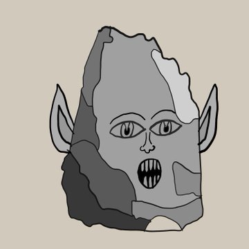 A cartoon-style drawing of a gray rock or stone creature with pointy ears, a face with eyes, nose, and an open mouth showing teeth, on a light cream background.
