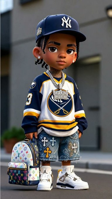 A 3D cartoon-style illustration of a stylish young boy wearing a New York Yankees cap, a hockey jersey, and cross-patterned shorts, standing next to a colorful backpack.