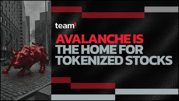 A promotional banner featuring 'team1' with the headline 'AVALANCHE IS THE HOME FOR TOKENIZED STOCKS', accompanied by a red bull statue.