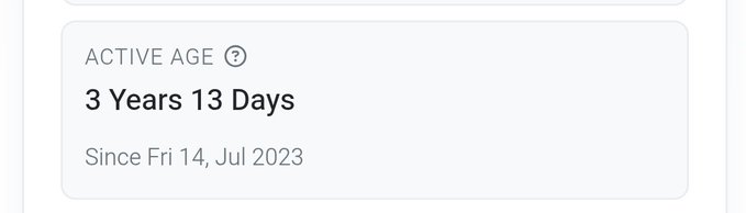 A digital profile detail showing 'ACTIVE AGE' as '3 Years 13 Days' since Friday, July 14, 2023.