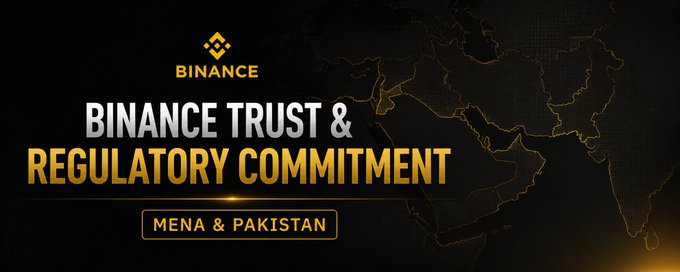 Binance promotional banner reading 'BINANCE TRUST & REGULATORY COMMITMENT - MENA & PAKISTAN' with the Binance logo and a stylized map of the Middle East/South Asia region.