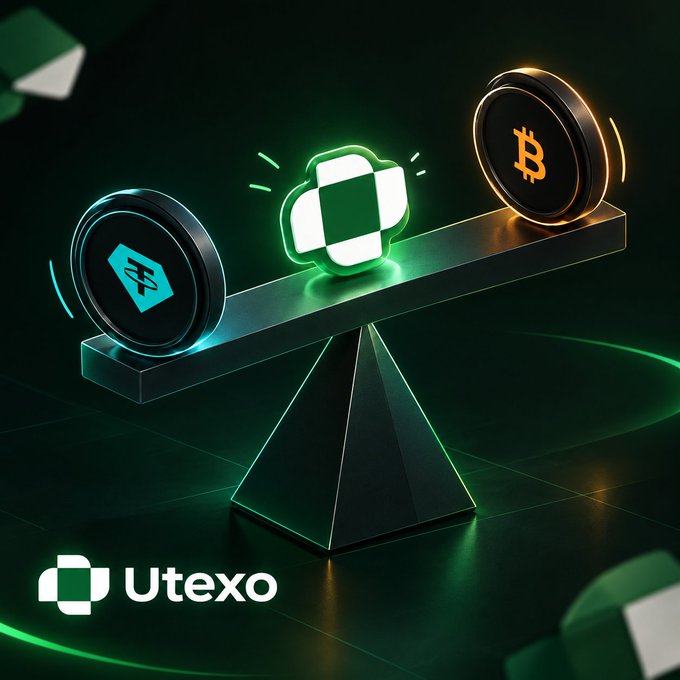 A digital 3D render shows a balance scale with a Bitcoin coin on one side and an icon on the other, above the 'Utexo' logo.