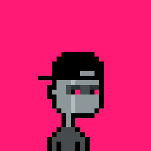A pixel art character with a black cap, gray face, and pink eyes set against a bright pink background.