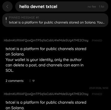 A screenshot of a Telegram channel 'txtcel' showing pinned messages describing it as 'a platform for public channels stored on Solana.'