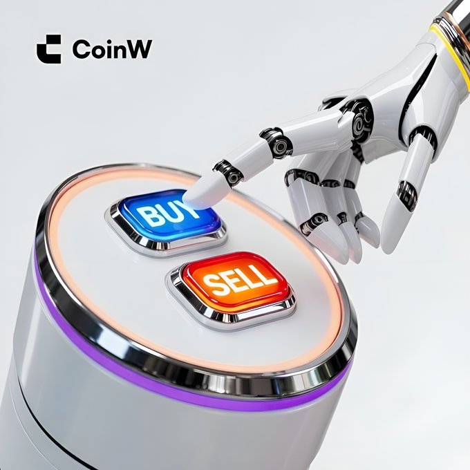 A robotic hand hovers over a glowing control panel featuring blue "BUY" and orange "SELL" buttons, with the "CoinW" logo displayed in the upper left corner, visually echoing the prompt's choice between buying and selling.