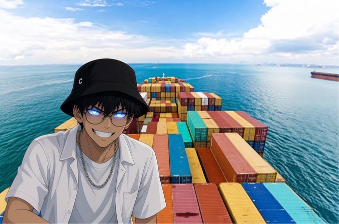 An anime-style character with glowing eyes and a black bucket hat grinning in the foreground, set against a backdrop of a large shipping container vessel on the ocean.