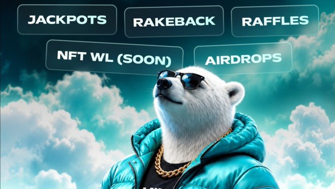 An anthropomorphic polar bear wearing sunglasses and a teal puffer jacket appears against a cloudy blue sky, with buttons labeled "JACKPOTS," "RAKEBACK," "RAFFLES," "NFT WL (SOON)," and "AIRDROPS" displayed above. The image visually represents PlayOnMint's organized rewards system, highlighting the clear categorization of perks like rakeback, raffles, and airdrops that the post praises.