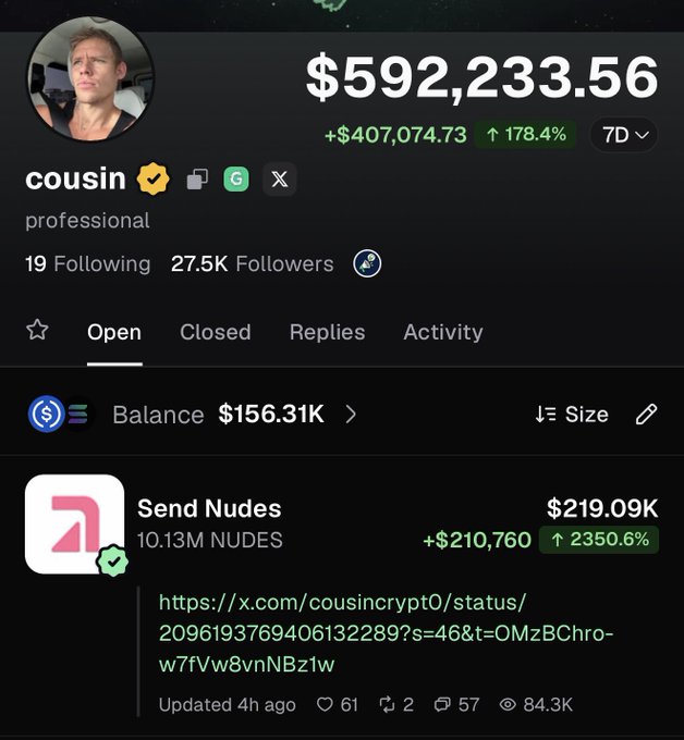This image shows a trading portfolio dashboard on what appears to be a copy-trading platform, displaying the profile of user "cousin" (verified, professional) with a portfolio value of $592,233.56, showing gains of +$407,074.73 (up 178.4%) over 7 days, 27.5K followers, and 19 following accounts. The top holding is a memecoin called "Send Nudes" (ticker: NUDES) with a balance of $156.31K worth $219.09K, showing an impressive gain of +$210,760 (up 2350.6%), with 10.13M NUDES tokens held. The post's caption "Domination / Send_nudes" highlights this position as the user's dominant and best-performing trade, referencing the meme-style token name while showcasing the extraordinary returns achieved.