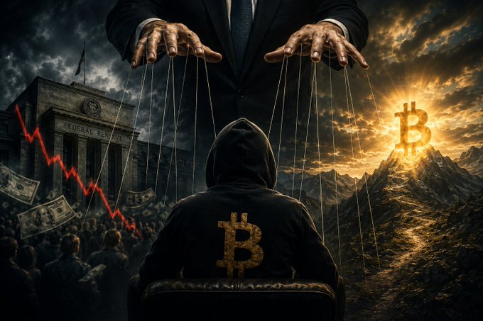 A conceptual illustration shows a hooded figure with a Bitcoin logo on their back being controlled like a puppet by a man in a suit, with the Federal Reserve and a descending red chart on one side, and a mountain with a Bitcoin logo on the other.