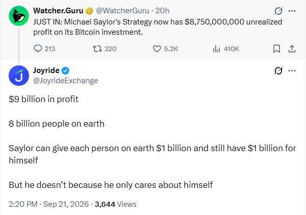 A screenshot of a post by Joyride (@JoyrideExchange) responding to a Watcher.Guru tweet about Michael Saylor's Strategy (formerly MicroStrategy) holding $8.75 billion in unrealized Bitcoin profits. The reply humorously notes that the $9 billion profit exceeds Earth's population, joking that Saylor could give every person $1 billion but "only cares about himself"—tying into the "happens only in crypto btw" theme by highlighting the absurd scale of wealth concentration in the crypto space.