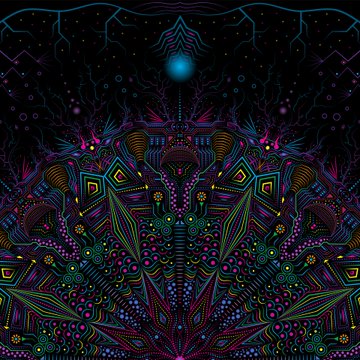 The image features an abstract, colorful design with a large circle at its center surrounded by smaller circles of various colors including blue, green, purple, pink, yellow, orange, and white. The background is dark and filled with stars, creating a sense of depth and mystery. The text "Good afternoon This is a symbolic expression of the depths of the subconscious and spiritual integrity elsewhere" suggests that this artwork may be inspired by the concept of the collective unconscious or the interconnectedness of all things in the universe.