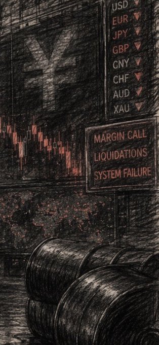 The image depicts a dark, ominous scene of a financial crisis with a trading screen showing currency tickers (USD, EUR, JPY, GBP, CNY, CHF, AUD, XAU) all in decline, alongside a warning sign reading "MARGIN CALL, LIQUIDATIONS, SYSTEM FAILURE," with oil barrels lying in the foreground. The accompanying post's warning about Japan raising rates by .75 ties directly to the image's depiction of cascading market failures and currency sell-offs, suggesting such a rate hike could trigger the kind of margin calls and systemic collapse illustrated.