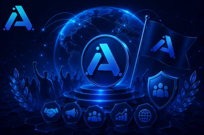 A glowing blue emblem featuring the stylized "A" Arc Astra logo sits center stage atop a pedestal, surrounded by a digital globe, a brand flag, laurel wreaths, and icons representing community, growth, and global reach — symbolizing the launch of the Arc Astra Ambassador Program inviting 50 community members to represent the network.