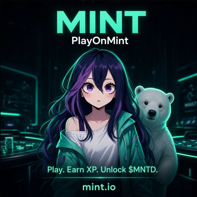 Promotional artwork for "MINT" (PlayOnMint / mint.io) showing an anime-style girl with purple hair and a polar bear in a cyberpunk setting, with text reading "Play. Earn XP. Unlock $MNTD."