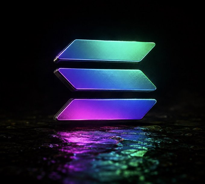 The image features a 3D rendering of a blue, purple, and green square logo against a black background. The logo appears to be floating or hovering above the ground, giving it an ethereal quality. The text "In Solana We Trust" is visible in the image, which suggests that this logo may be associated with a cryptocurrency called Solana.