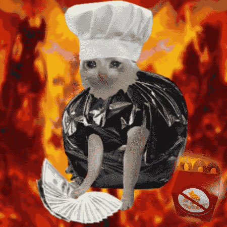A humorous edited image shows a cat wearing a white chef's hat and black outfit, kneeling and holding a fan against a fiery red and orange background, with a 'no littering' sign in the corner.
