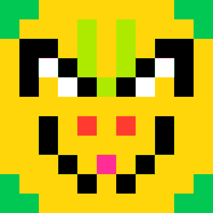 A pixel art character with green ears, a yellow body, and pink cheeks smiling on a green background.