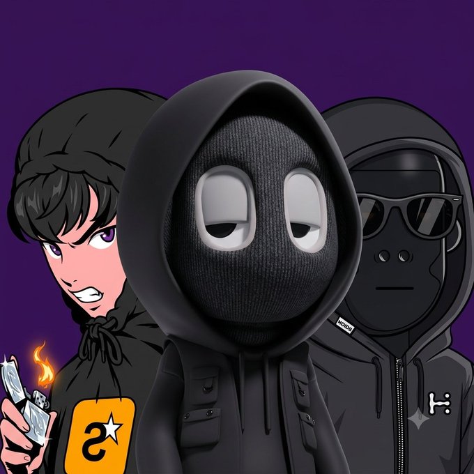 An anime-style illustration of three hooded figures against a purple background, including one holding burning money and an orange icon, suggesting a crypto or hacker-themed artwork.