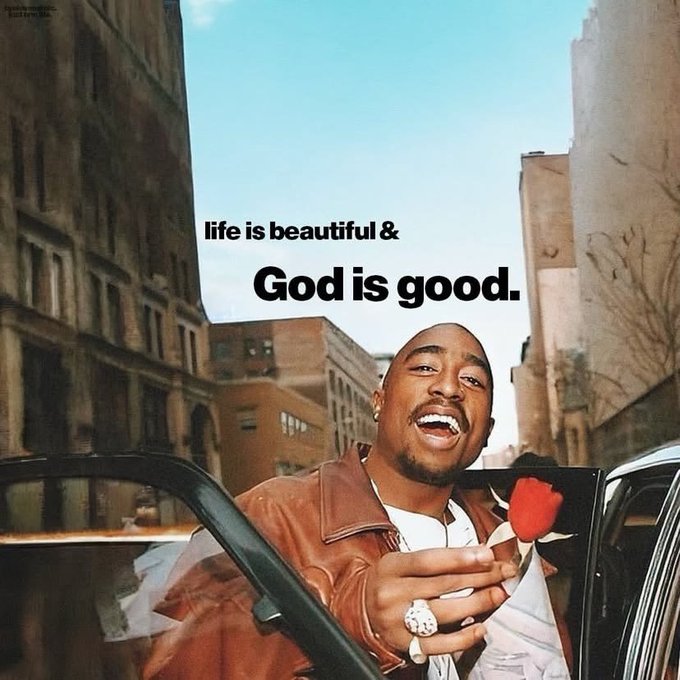 An album-style cover shows a man in a leather jacket holding a red rose, with the text 'life is beautiful & God is good.'