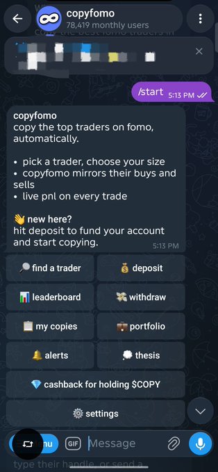 Screenshot of a Telegram bot interface for 'copyfomo' (@copyfomoBot), displaying 78,419 monthly users and an introductory message explaining how to copy top traders on fomo automatically, with buttons for trader finding, deposits, leaderboards, and withdrawals.