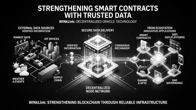 An infographic titled 'STRENGTHENING SMART CONTRACTS WITH TRUSTED DATA' explaining 'WINkLink: DECENTRALIZED ORACLE TECHNOLOGY', showing external data sources, secure data delivery, and the TRON ecosystem including smart contracts, DeFi, gaming & NFTs, and DAO governance.