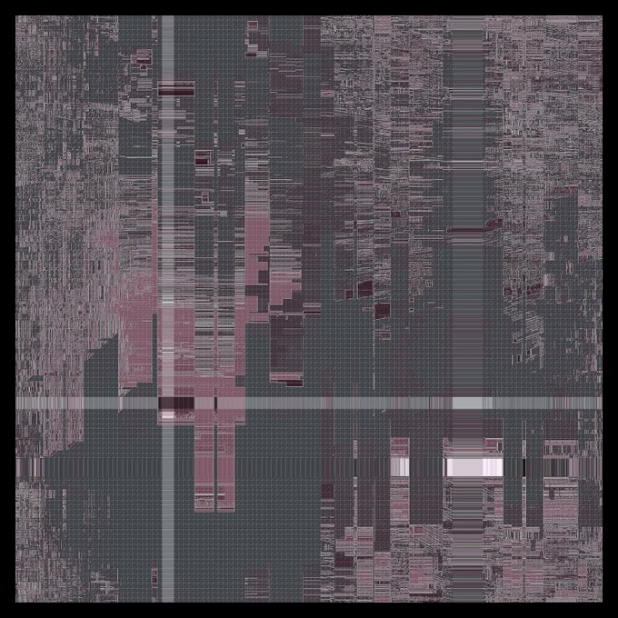 A heavily glitched, abstract image composed of distorted vertical bars and fragmented pixels in dark gray, purple, and pink tones, resembling a corrupted digital file or circuit board.